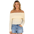 Cream Off Shoulder Fold Over Blushed Knit Sweater