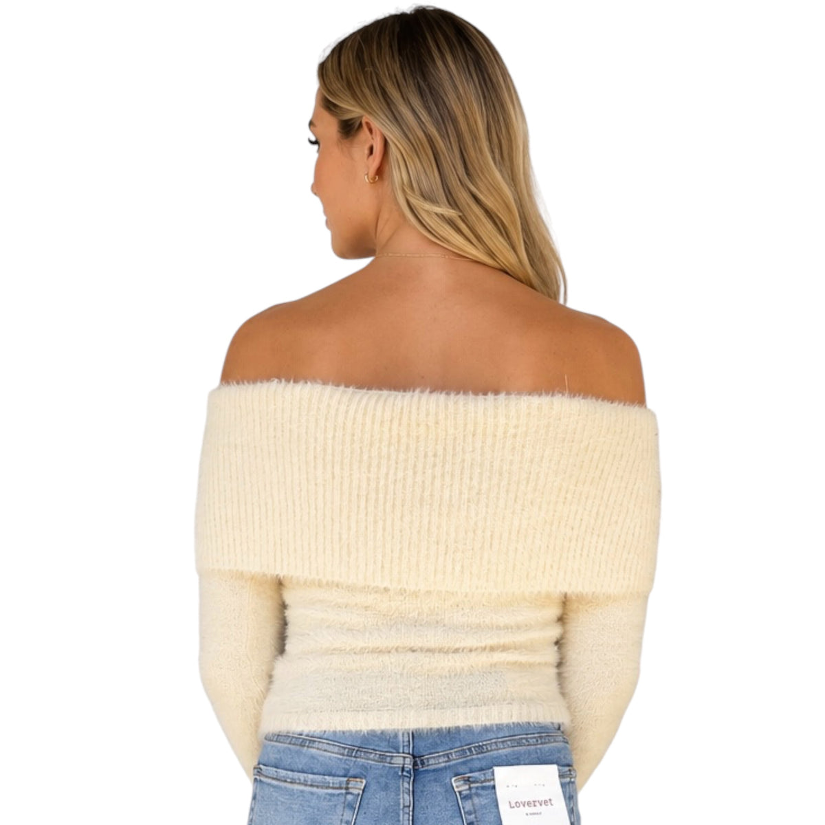 Cream Off Shoulder Fold Over Blushed Knit Sweater