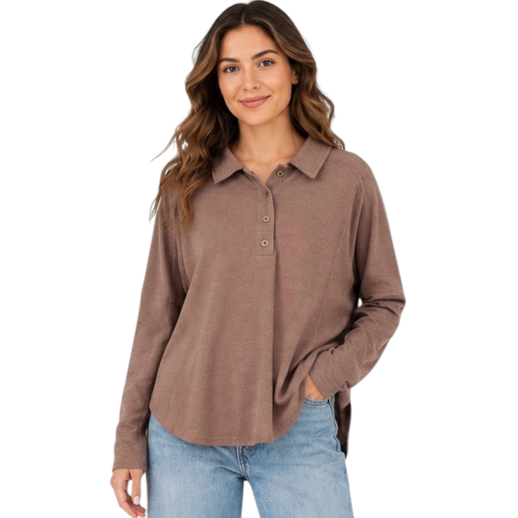 Cocoa Collared Neck Henley Knit Top