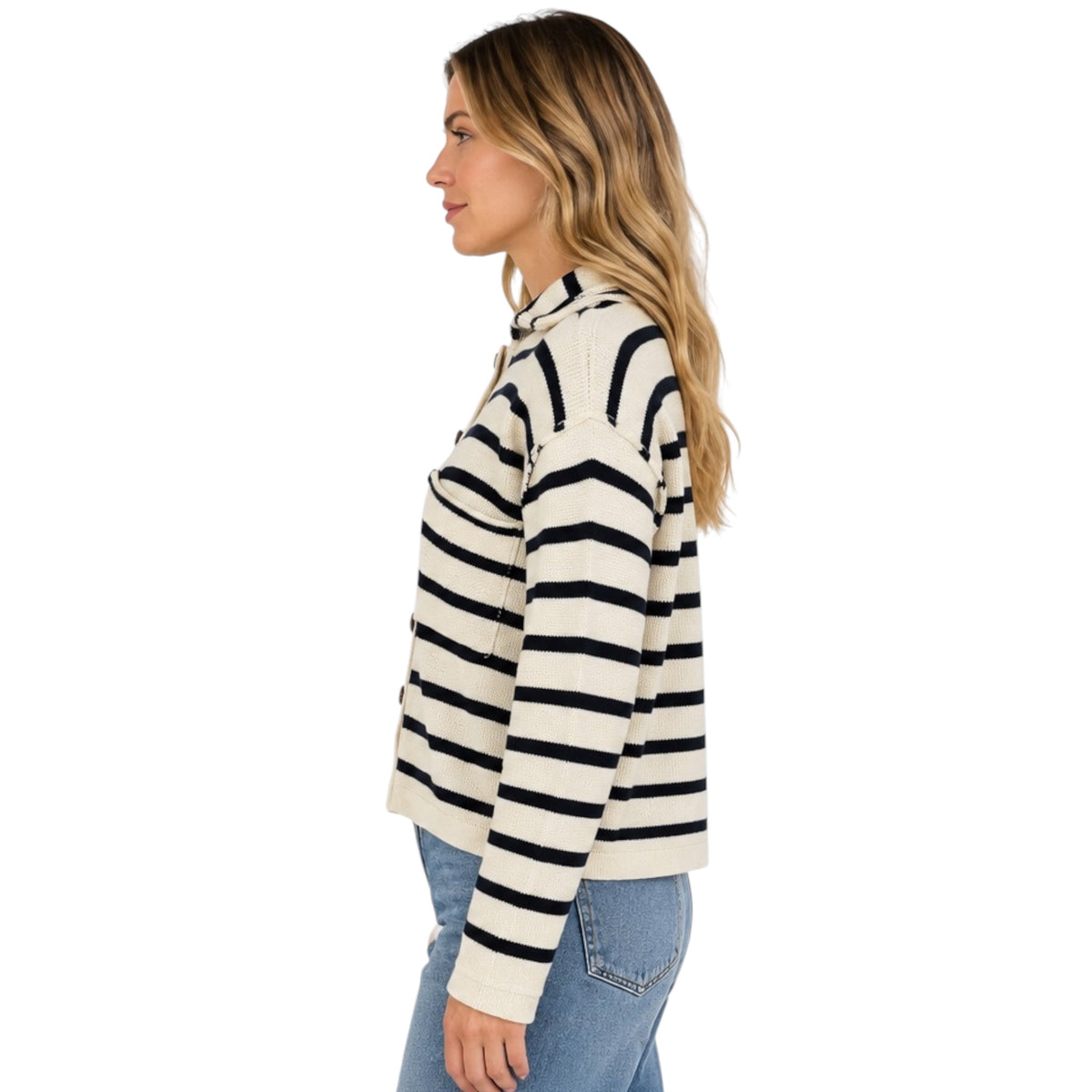 Cream Stripe Collared Exposed Seam Long Sleeve Cardigan