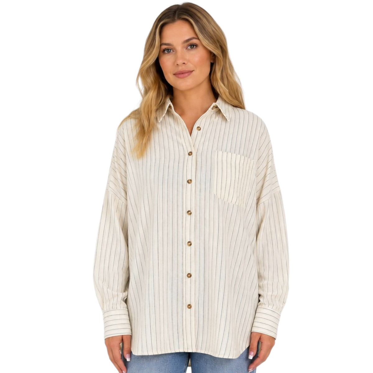 Cream Striped Button Up Top