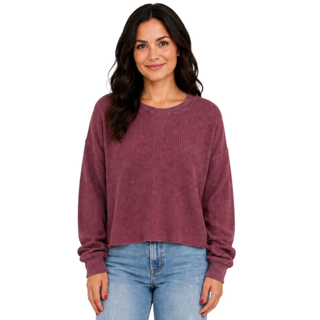 Dark Cherry Mineral Washed Waffle Knit Top