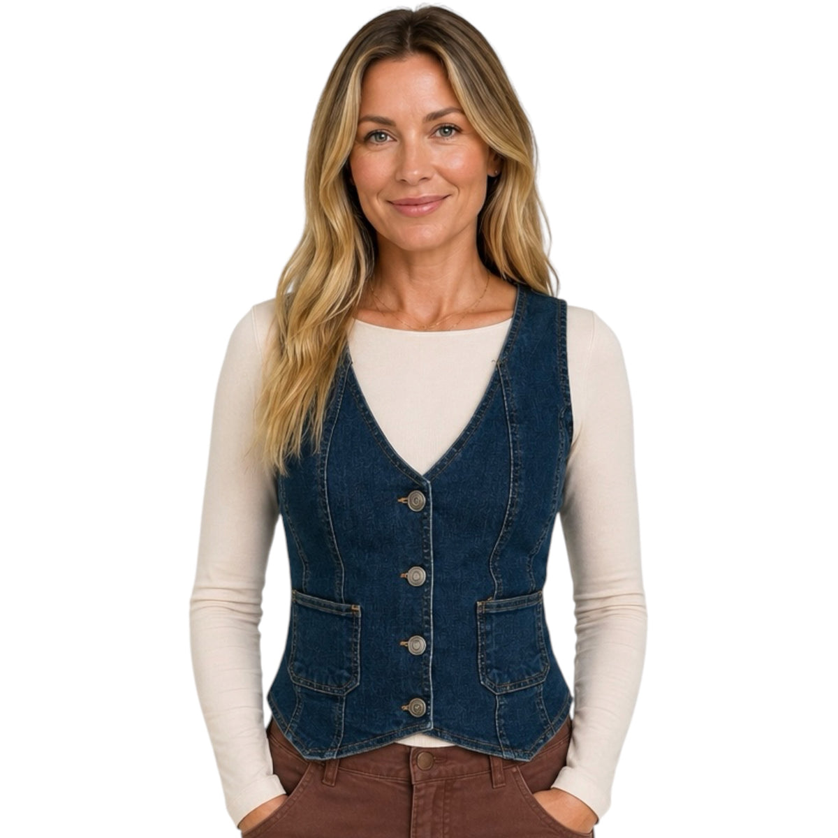 Dark Denim V-Neck Sleeveless Button Down Vest