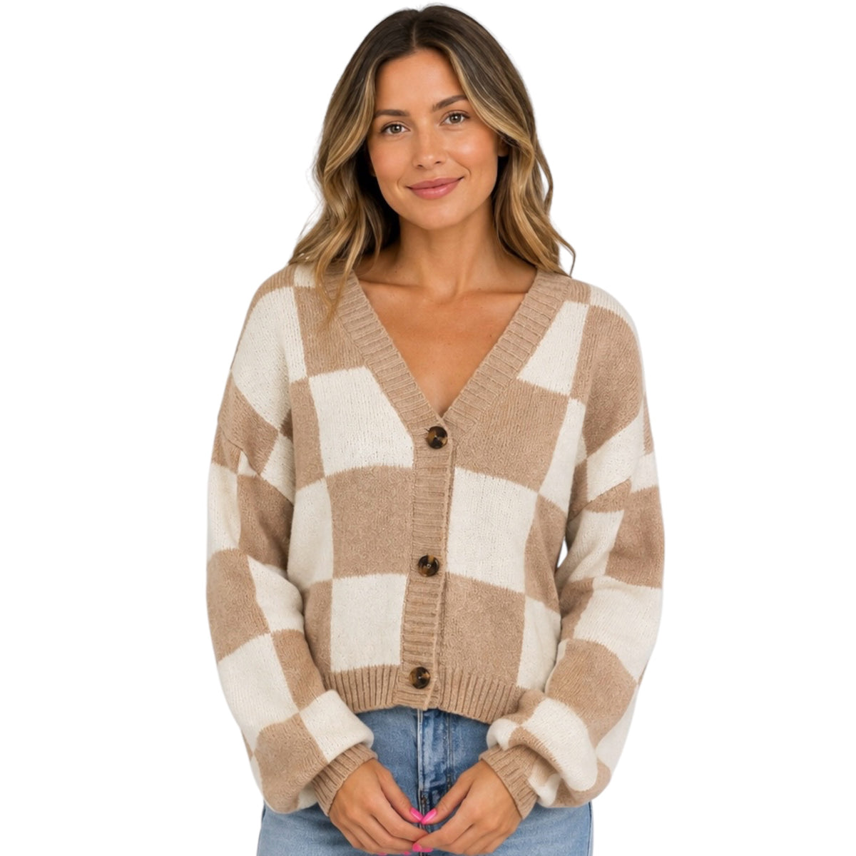 Dark Taupe/Cream Checkered Button Front Cardigan