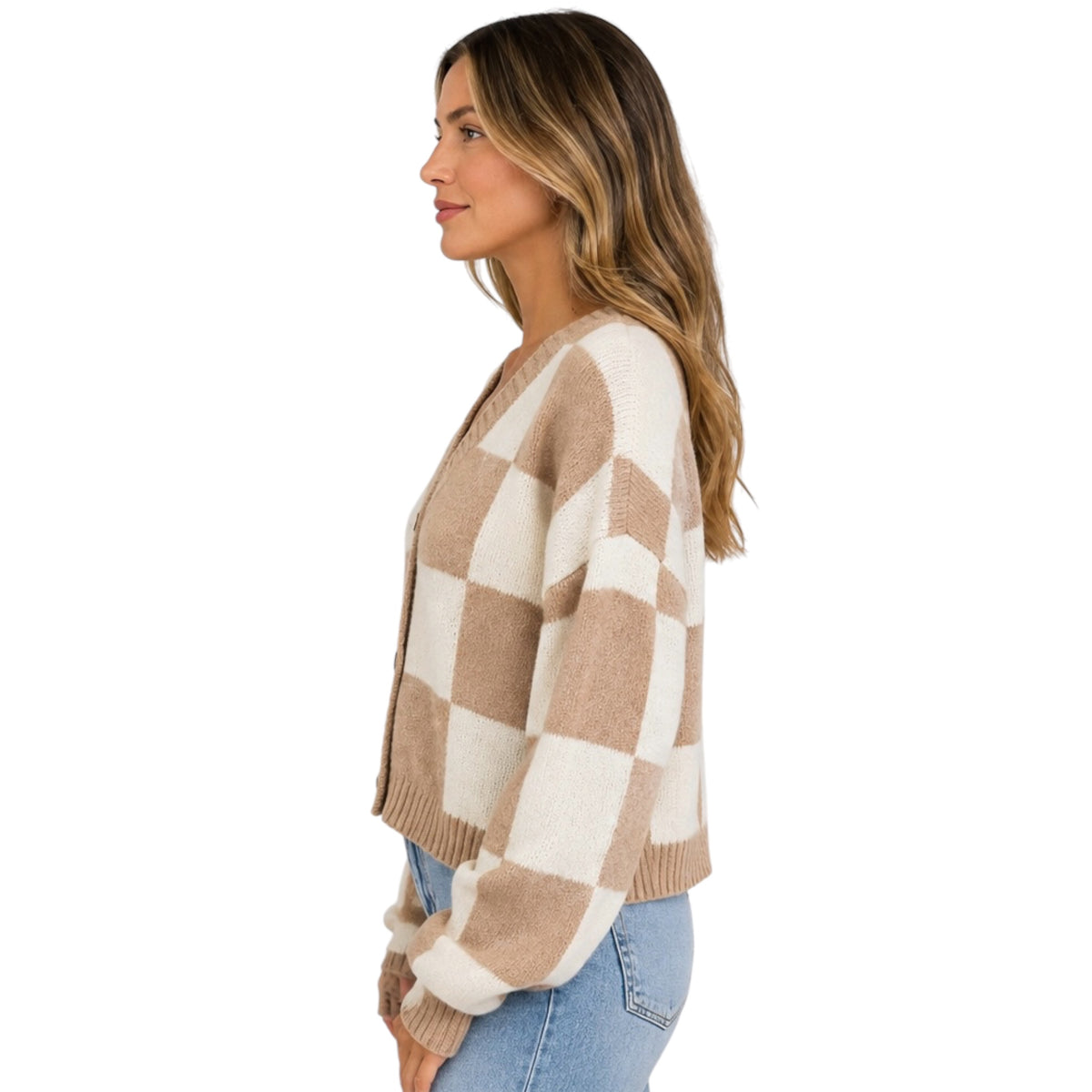 Dark Taupe/Cream Checkered Button Front Cardigan