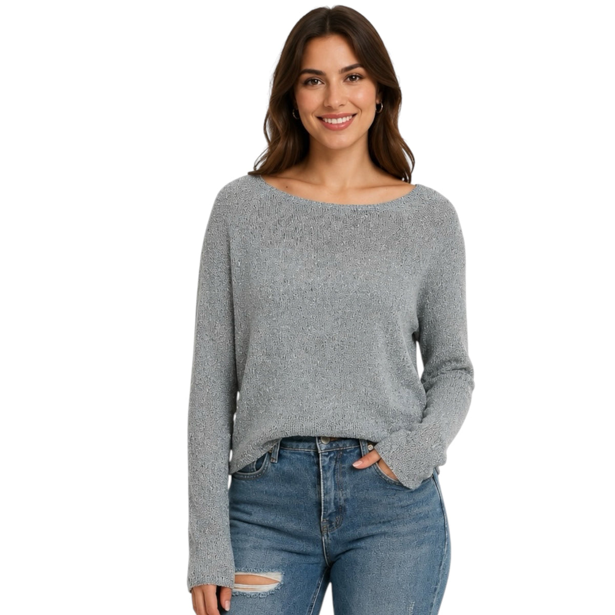 Denim Blue Light Knit Melange Boat Neck Sweater