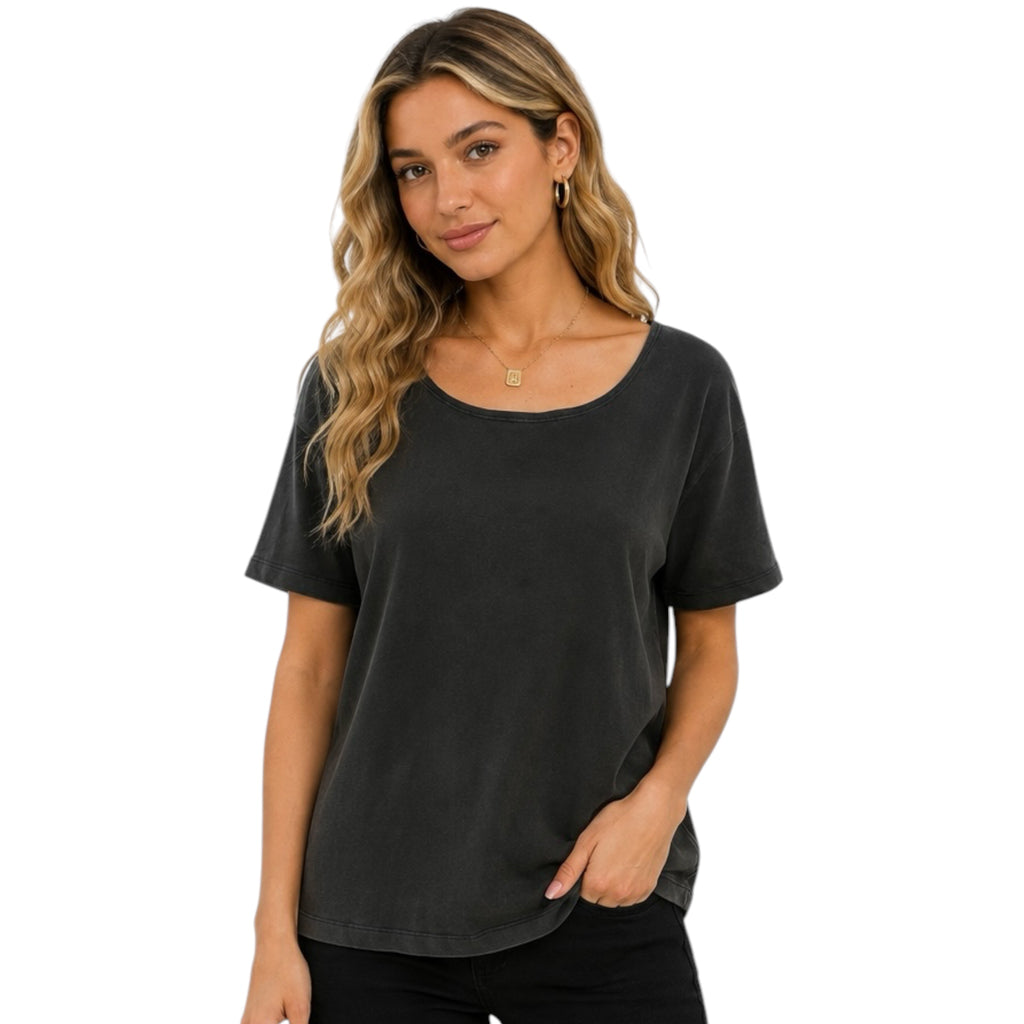 Black Boatneck Short Sleeve Basic Tee