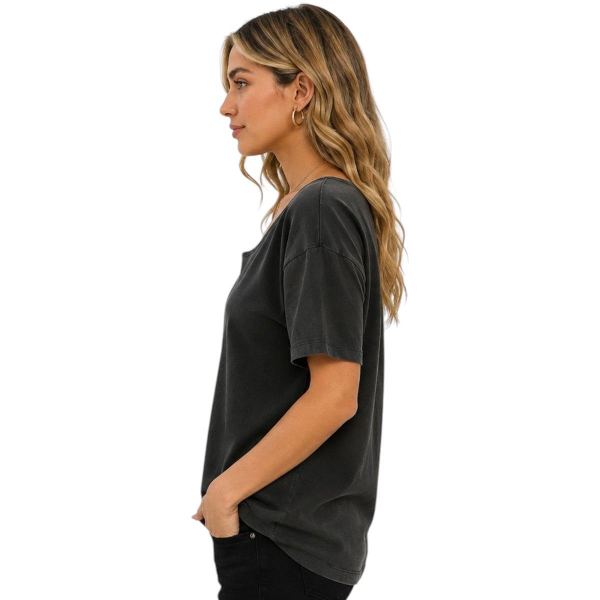 Black Boatneck Short Sleeve Basic Tee