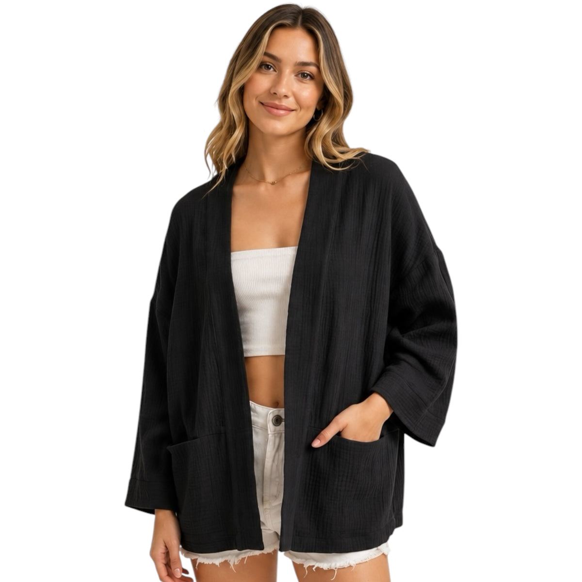 Black Double Gauze Open Front Cardigan with Pockets