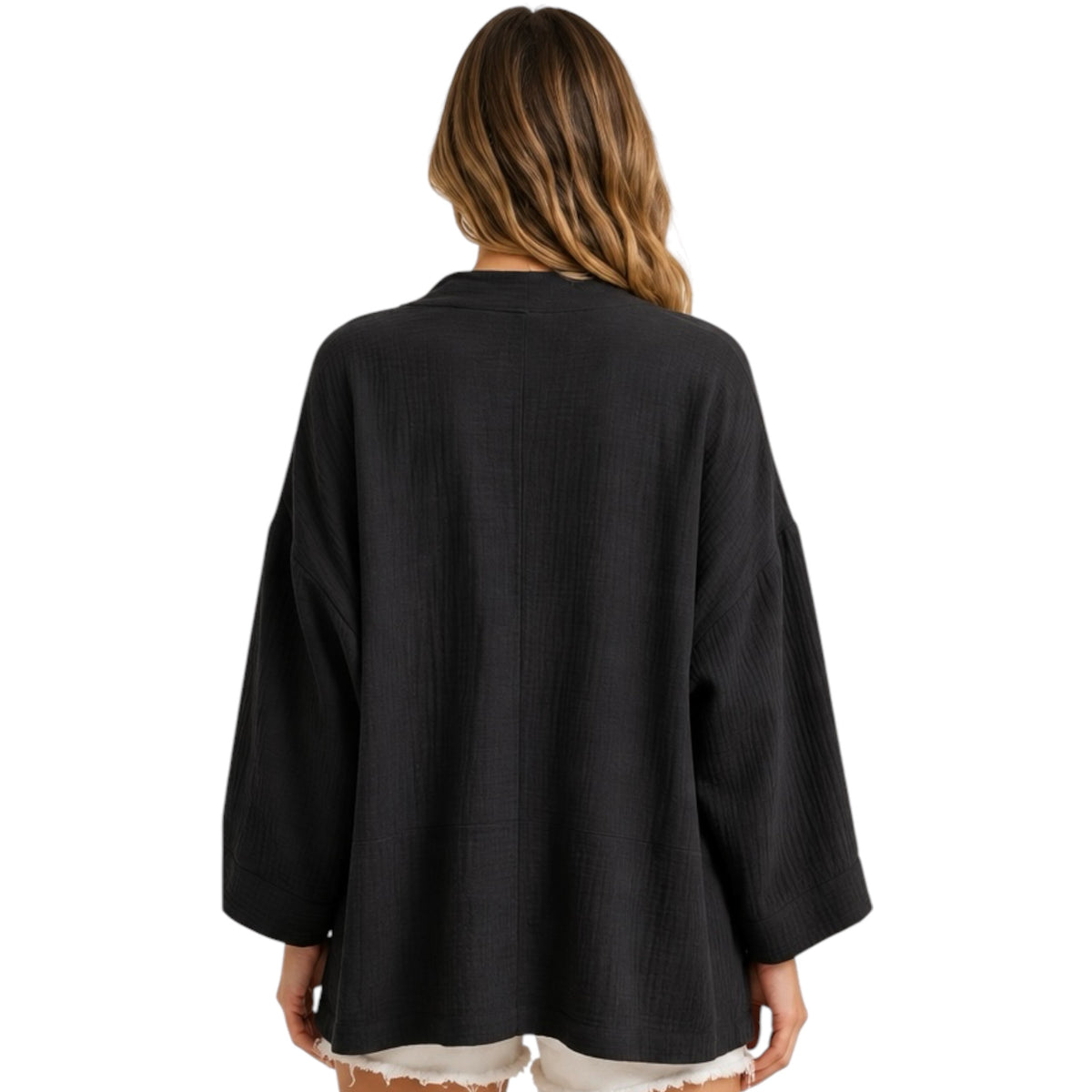 Black Double Gauze Open Front Cardigan with Pockets