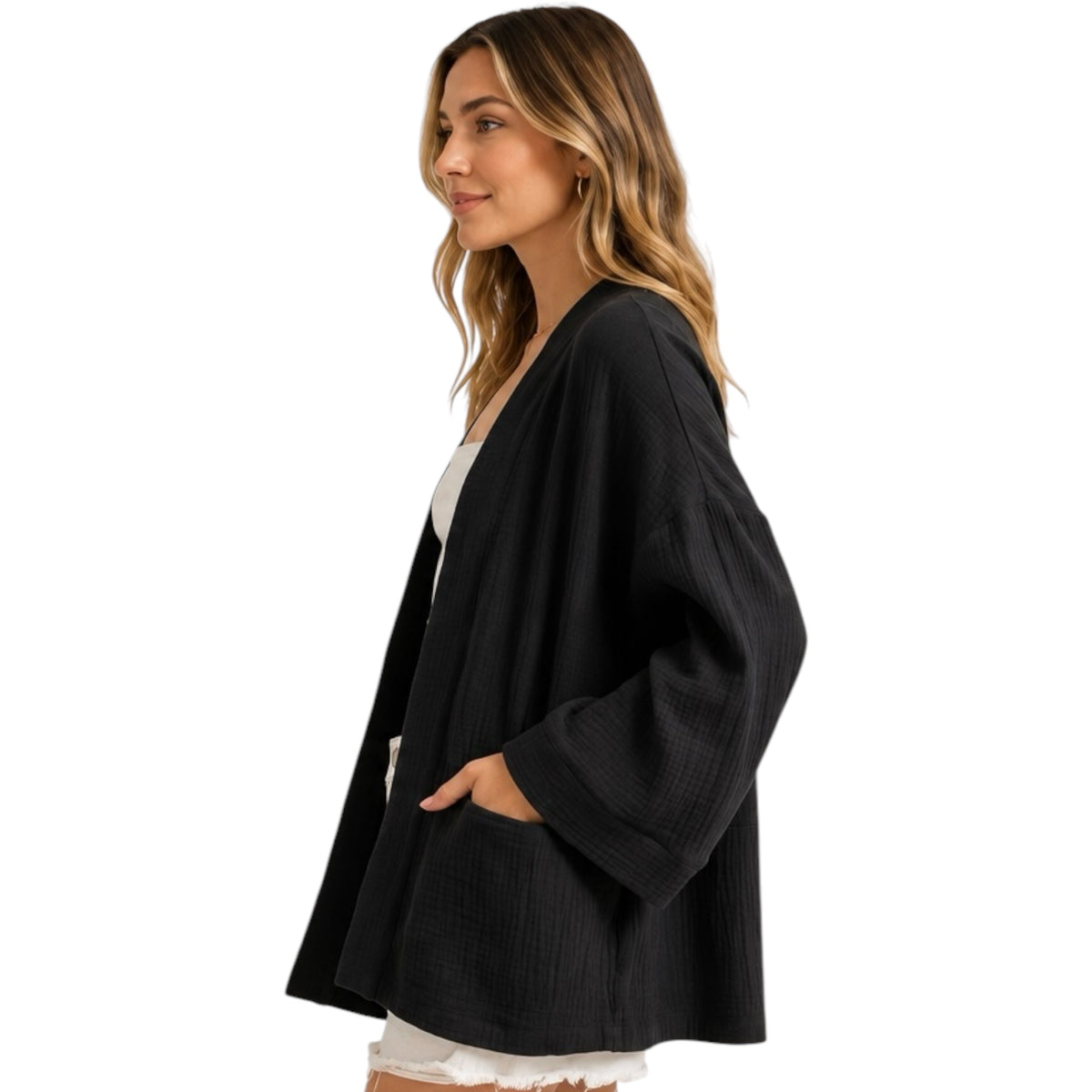 Black Double Gauze Open Front Cardigan with Pockets