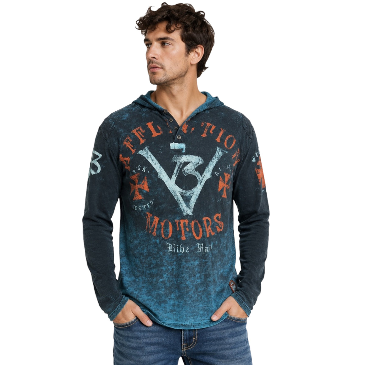 Affliction Blue Mix Pullover Hoodie Size Large-RF