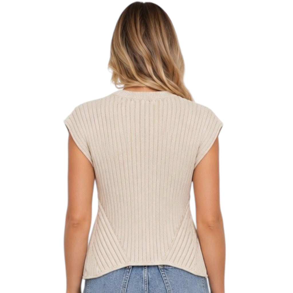 Light Khaki Rolled Trim Ribbed S/S Pullover