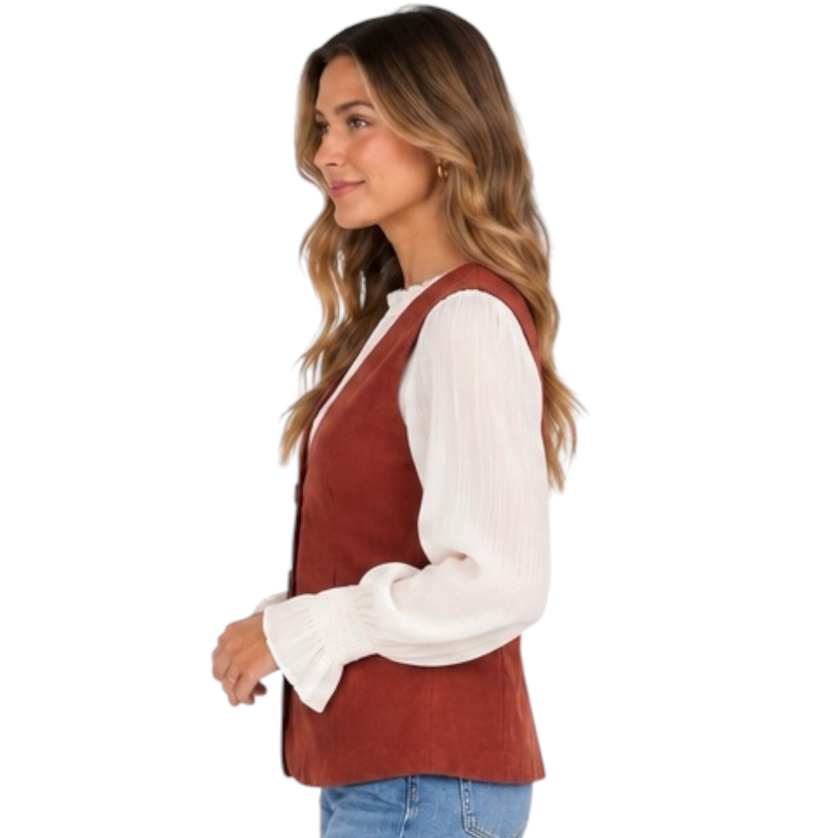 Rust Sleeveless V-Neck Tailored Button Vest
