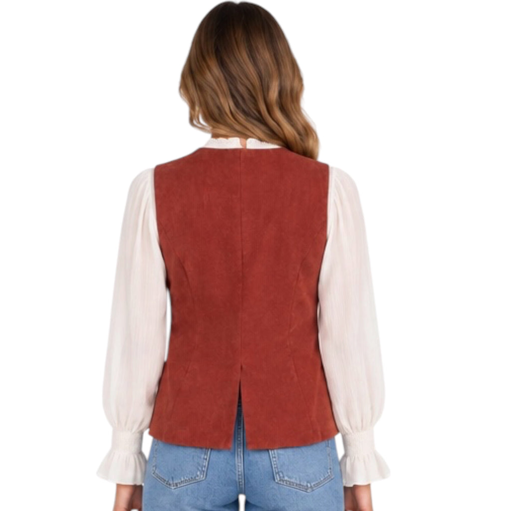 Rust Sleeveless V-Neck Tailored Button Vest