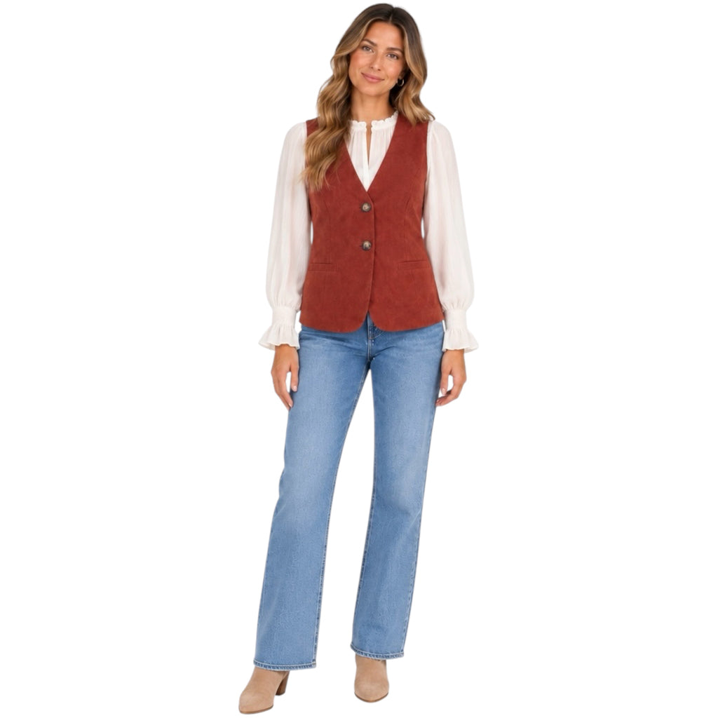 Rust Sleeveless V-Neck Tailored Button Vest