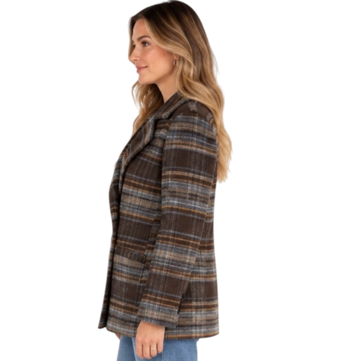 Brown Multi Plaid Notch Collar Button Front Long Line Coat