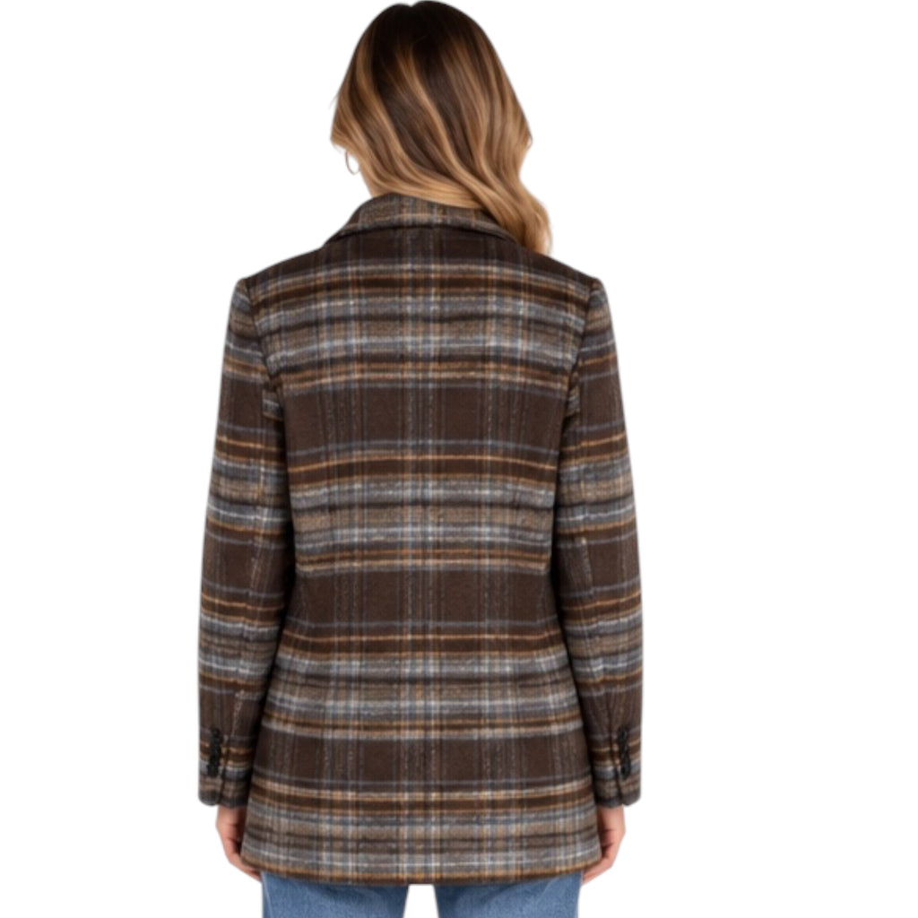 Brown Multi Plaid Notch Collar Button Front Long Line Coat