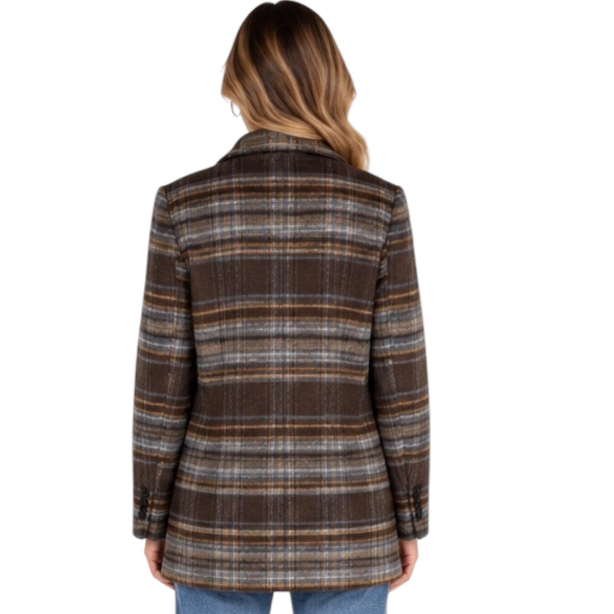 Brown Multi Plaid Notch Collar Button Front Long Line Coat