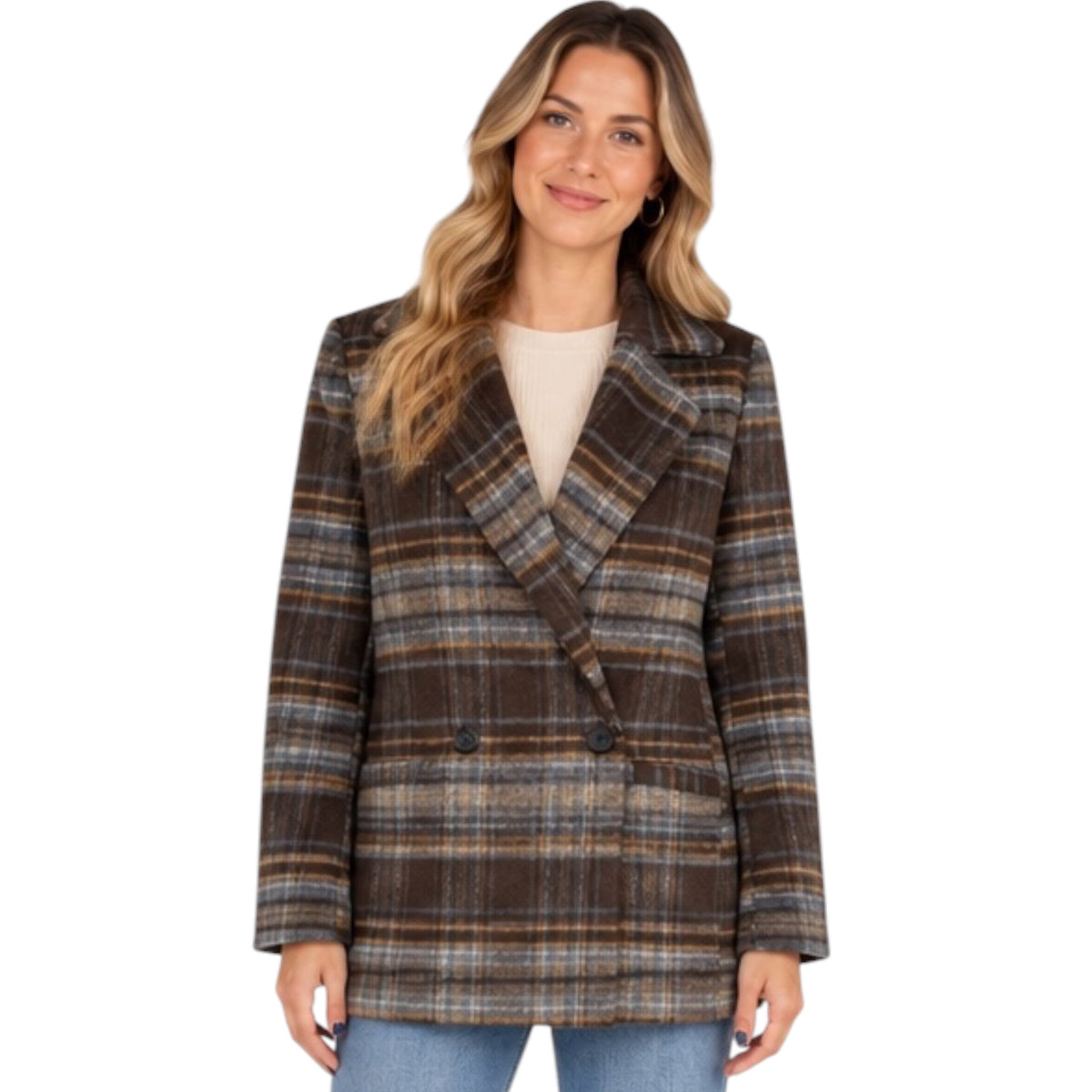 Brown Multi Plaid Notch Collar Button Front Long Line Coat