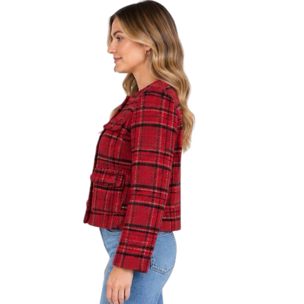 Burgundy Plaid Round Neck Button Down Jacket
