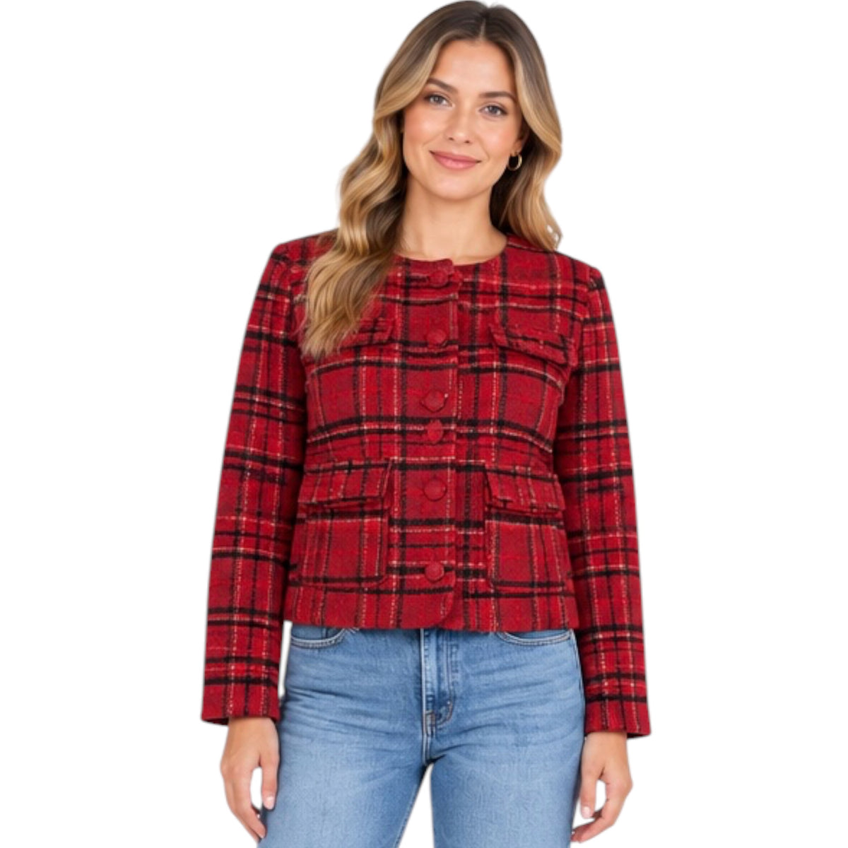 Burgundy Plaid Round Neck Button Down Jacket