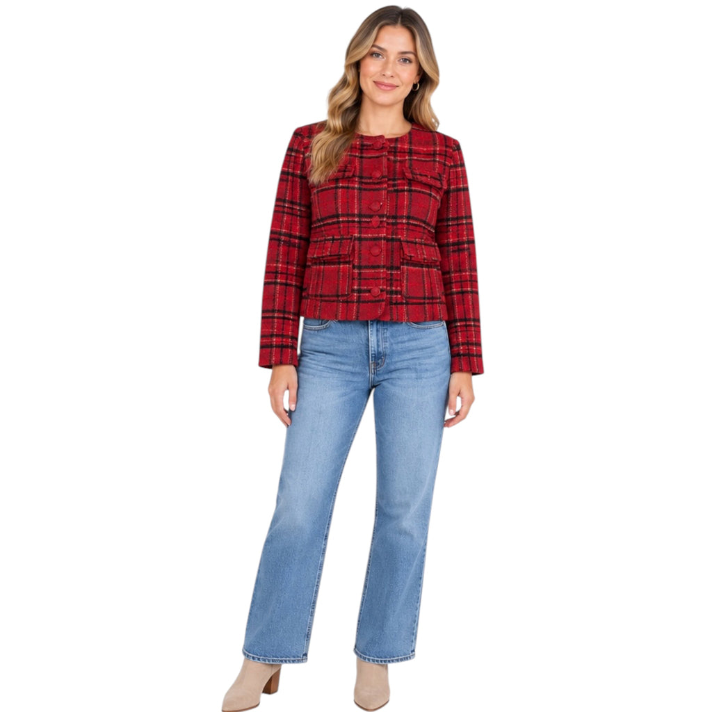 Burgundy Plaid Round Neck Button Down Jacket