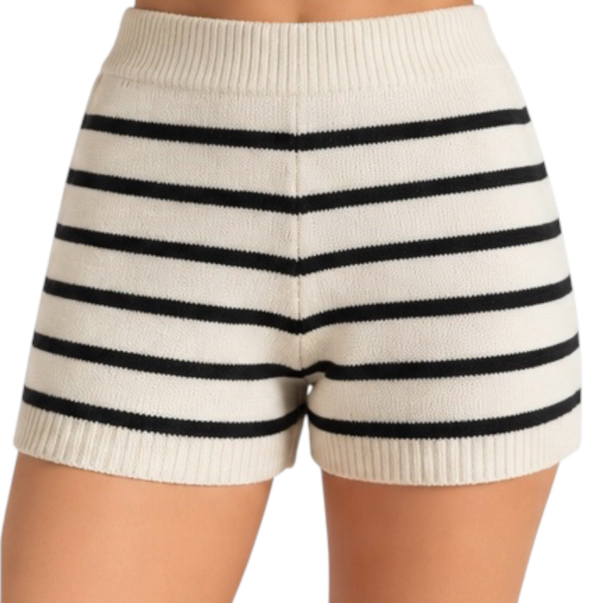 Cream/Black Striped Knit Sweater and Shorts Set