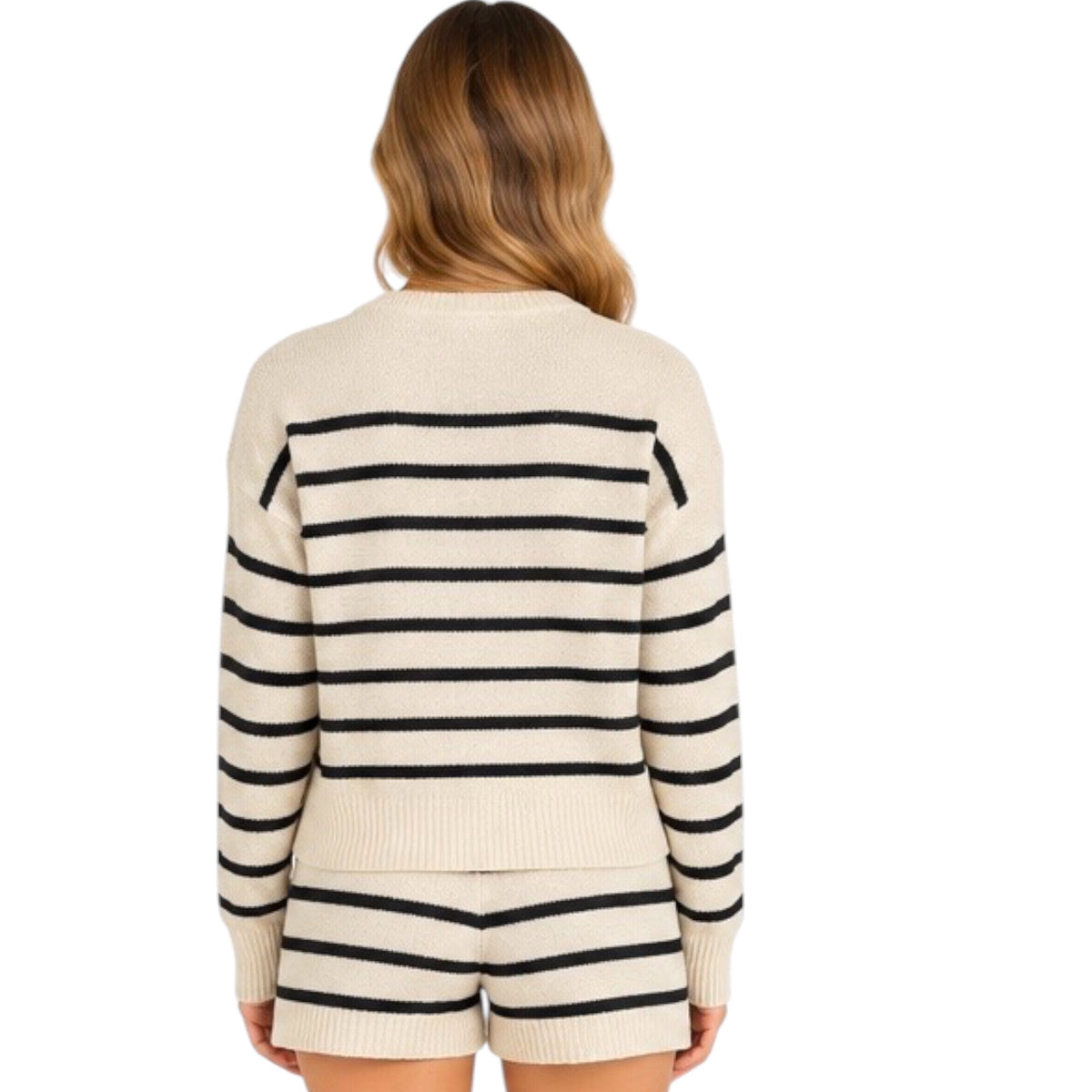 Cream/Black Striped Knit Sweater and Shorts Set