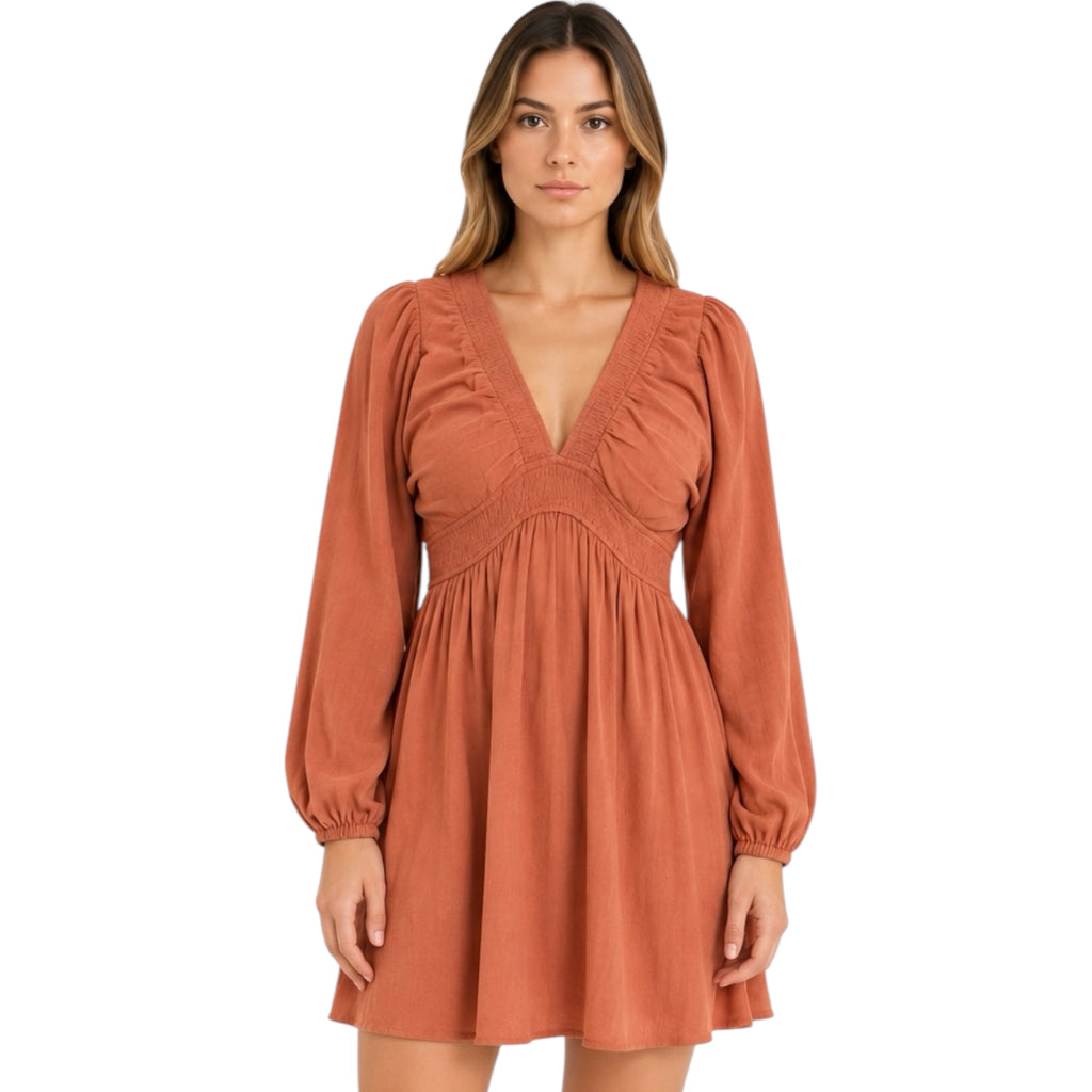 Brick V Neck Smocked Flare Mini Dress with Dolman Sleeves