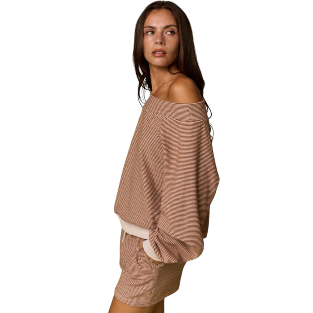 Brown/Cream Off Shoulder Stripe Long Sleeve and Shorts Set