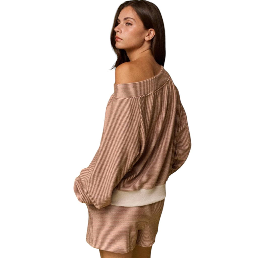 Brown/Cream Off Shoulder Stripe Long Sleeve and Shorts Set