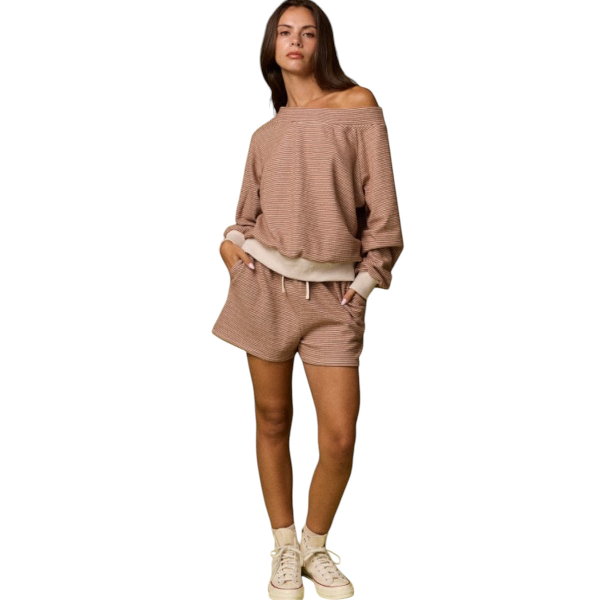 Brown/Cream Off Shoulder Stripe Long Sleeve and Shorts Set