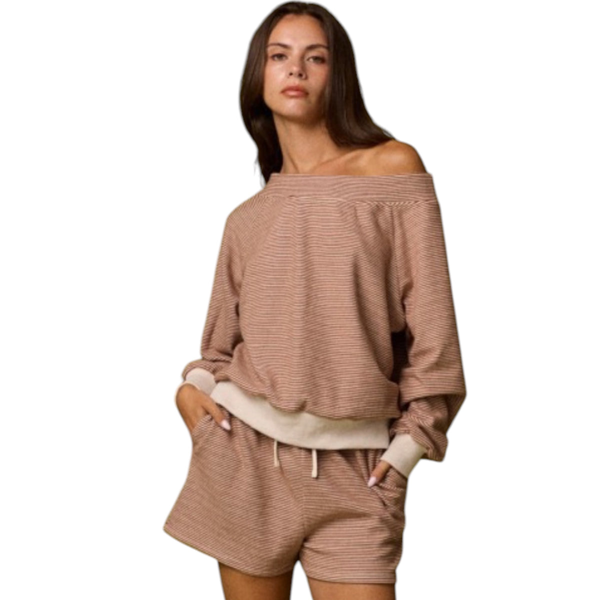 Brown/Cream Off Shoulder Stripe Long Sleeve and Shorts Set
