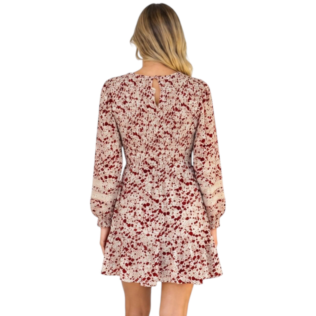 Champagne Lace Trim Smocking Printed Mini Dress