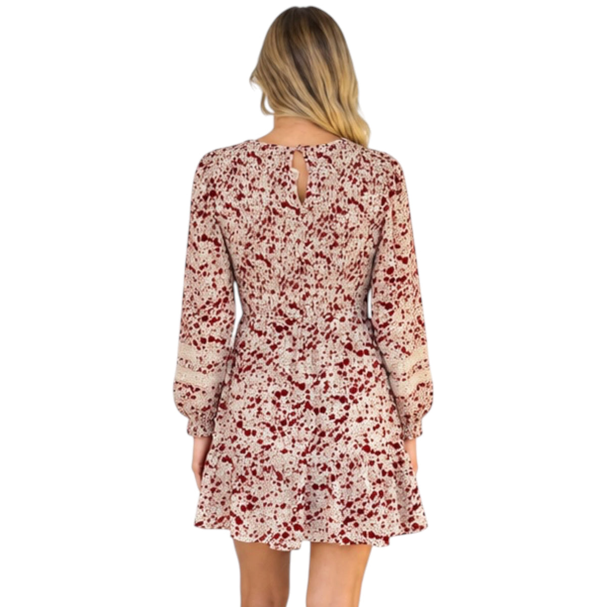 Champagne Lace Trim Smocking Printed Mini Dress