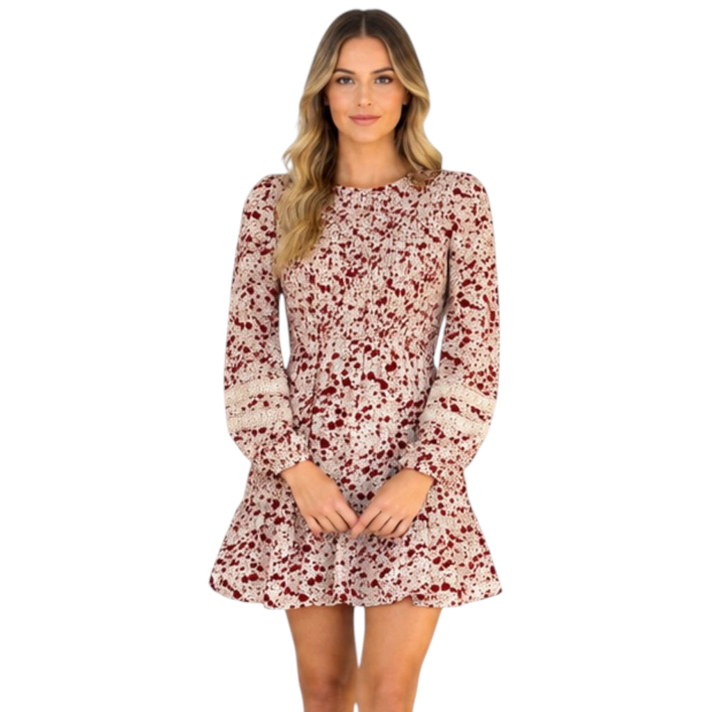 Champagne Lace Trim Smocking Printed Mini Dress