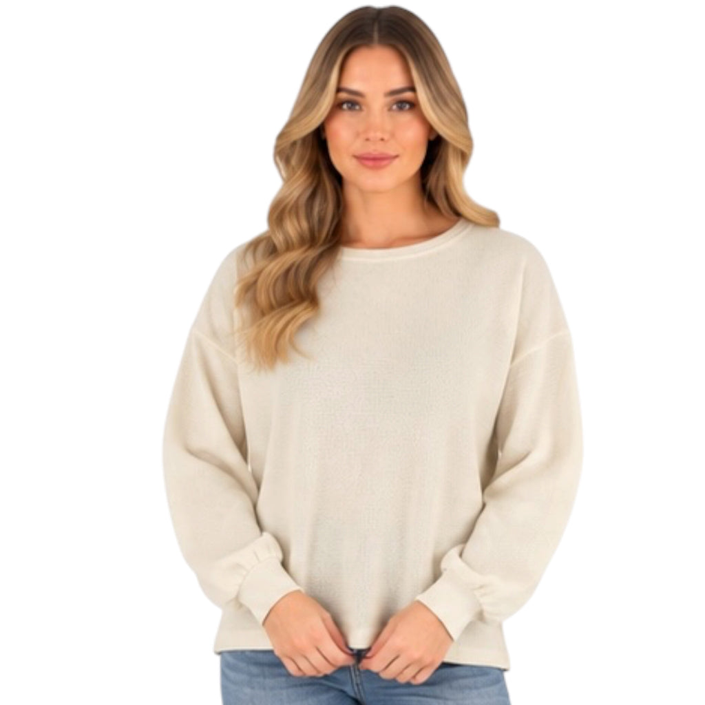 Oatmeal Round Neck Drop Shoulder Raw Edge Marled Knit Top