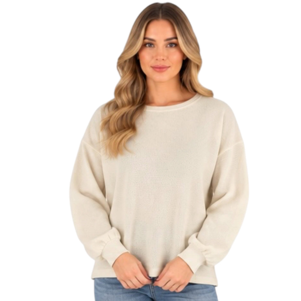 Oatmeal Round Neck Drop Shoulder Raw Edge Marled Knit Top