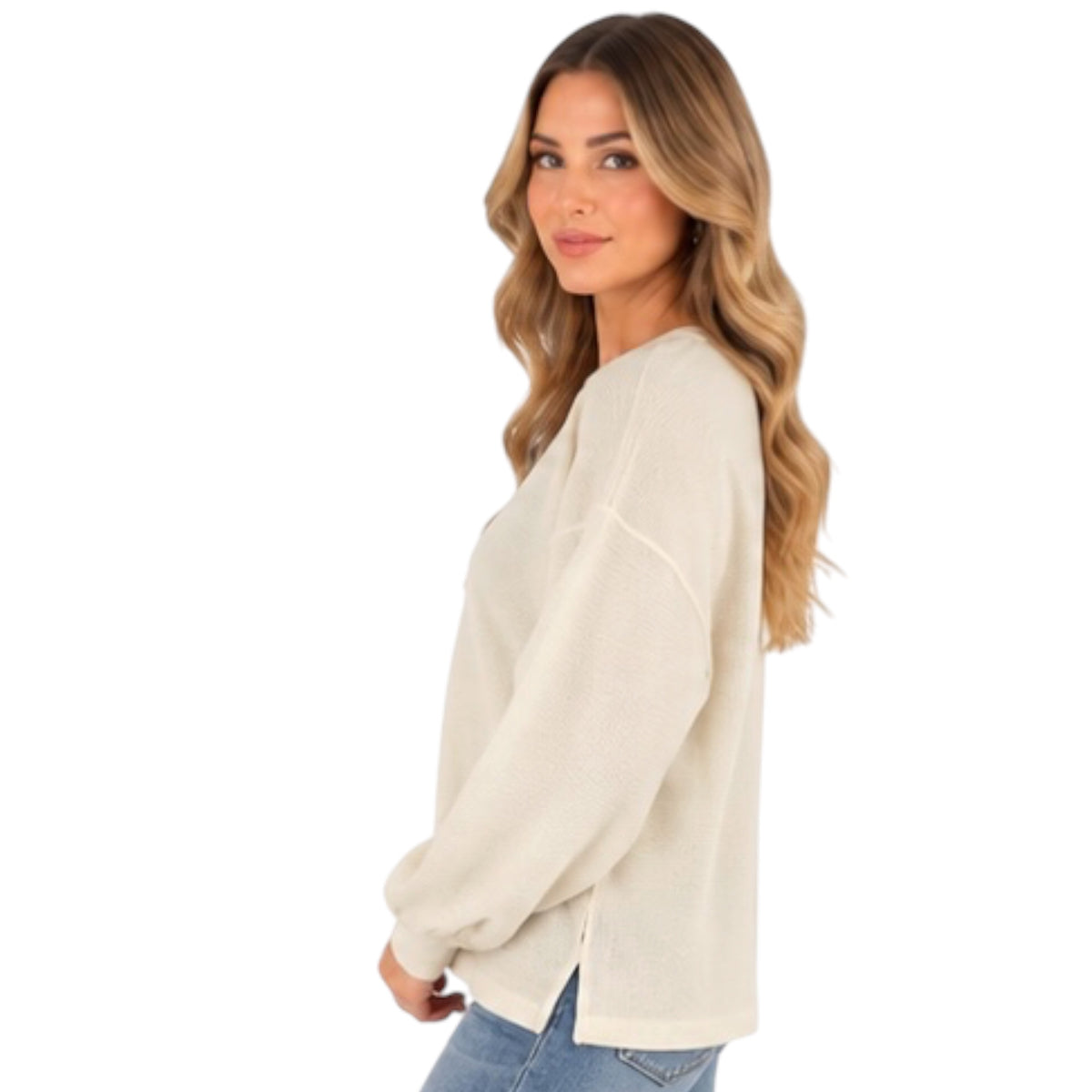 Oatmeal Round Neck Drop Shoulder Raw Edge Marled Knit Top