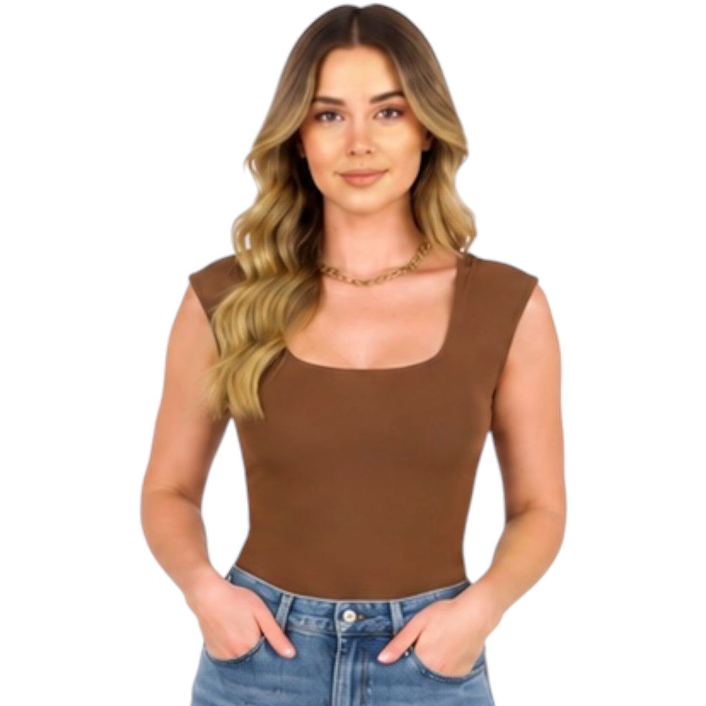 Brown Scoop Neck Short Sleeve Knit Bodysuit