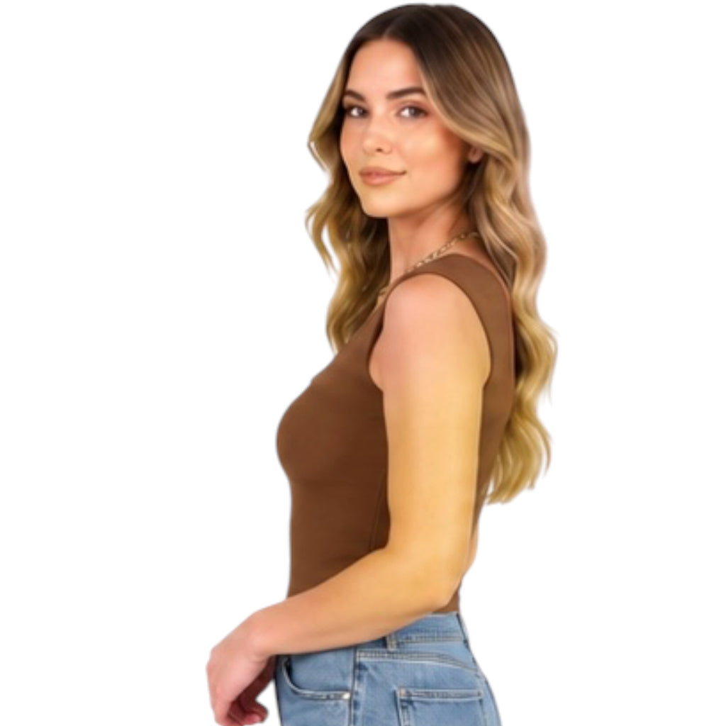 Brown Scoop Neck Short Sleeve Knit Bodysuit
