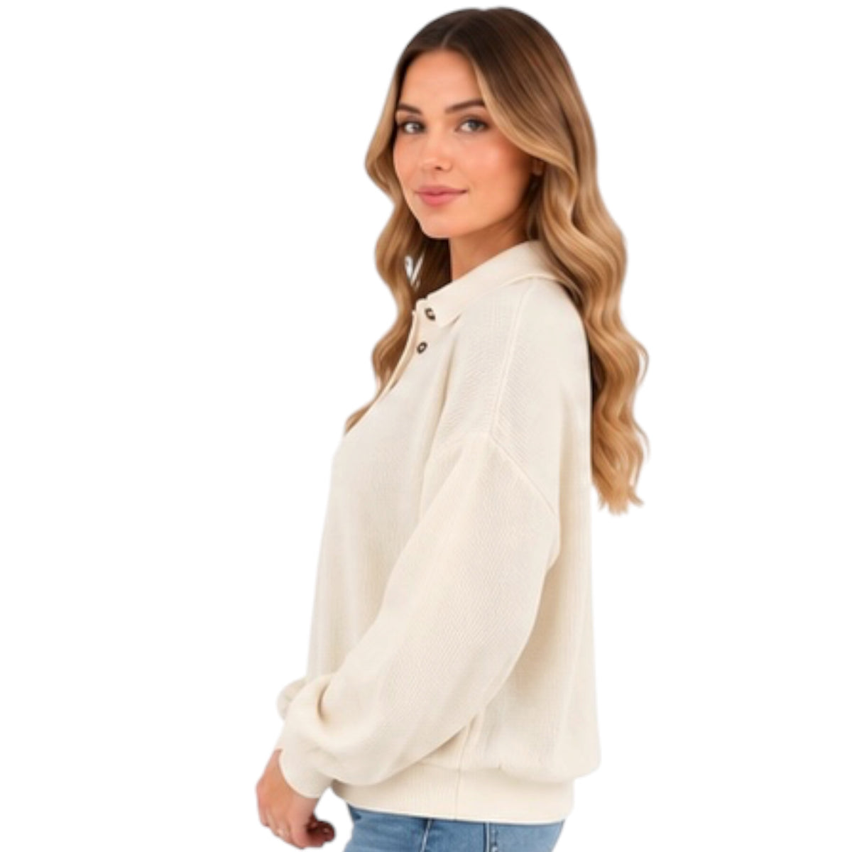 Cream Collared Half Snap Button Long Sleeve Knit Top