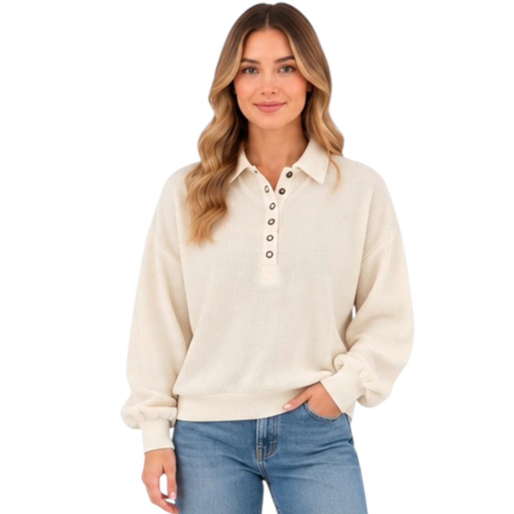 Cream Collared Half Snap Button Long Sleeve Knit Top