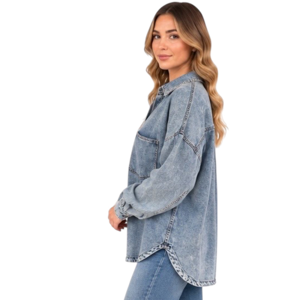 Chambray Washed Button Down Long Sleeve Shirt