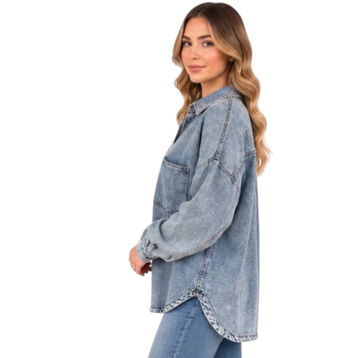 Chambray Washed Button Down Long Sleeve Shirt