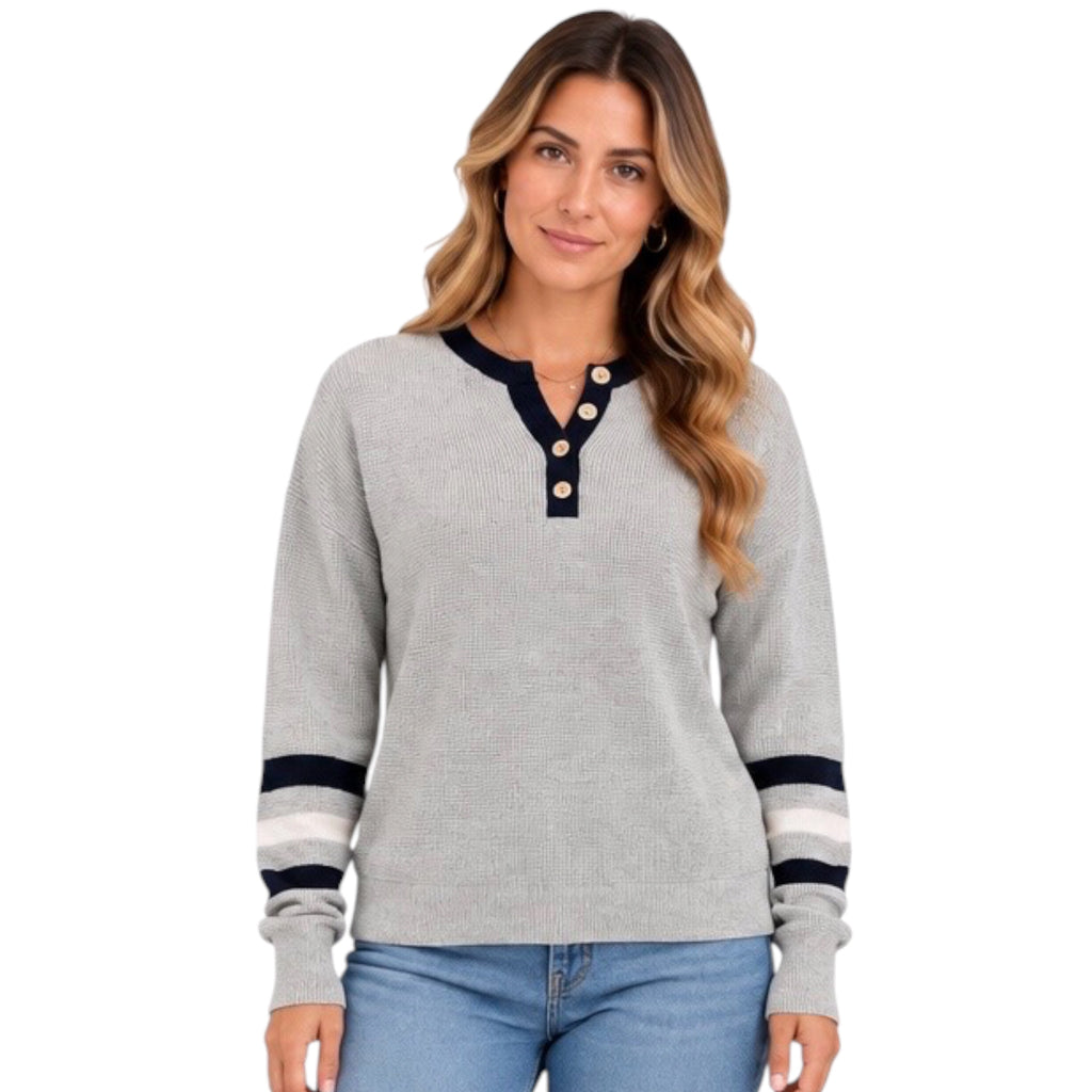 Navy Multi Toned Waffle Knit Henley Sweater