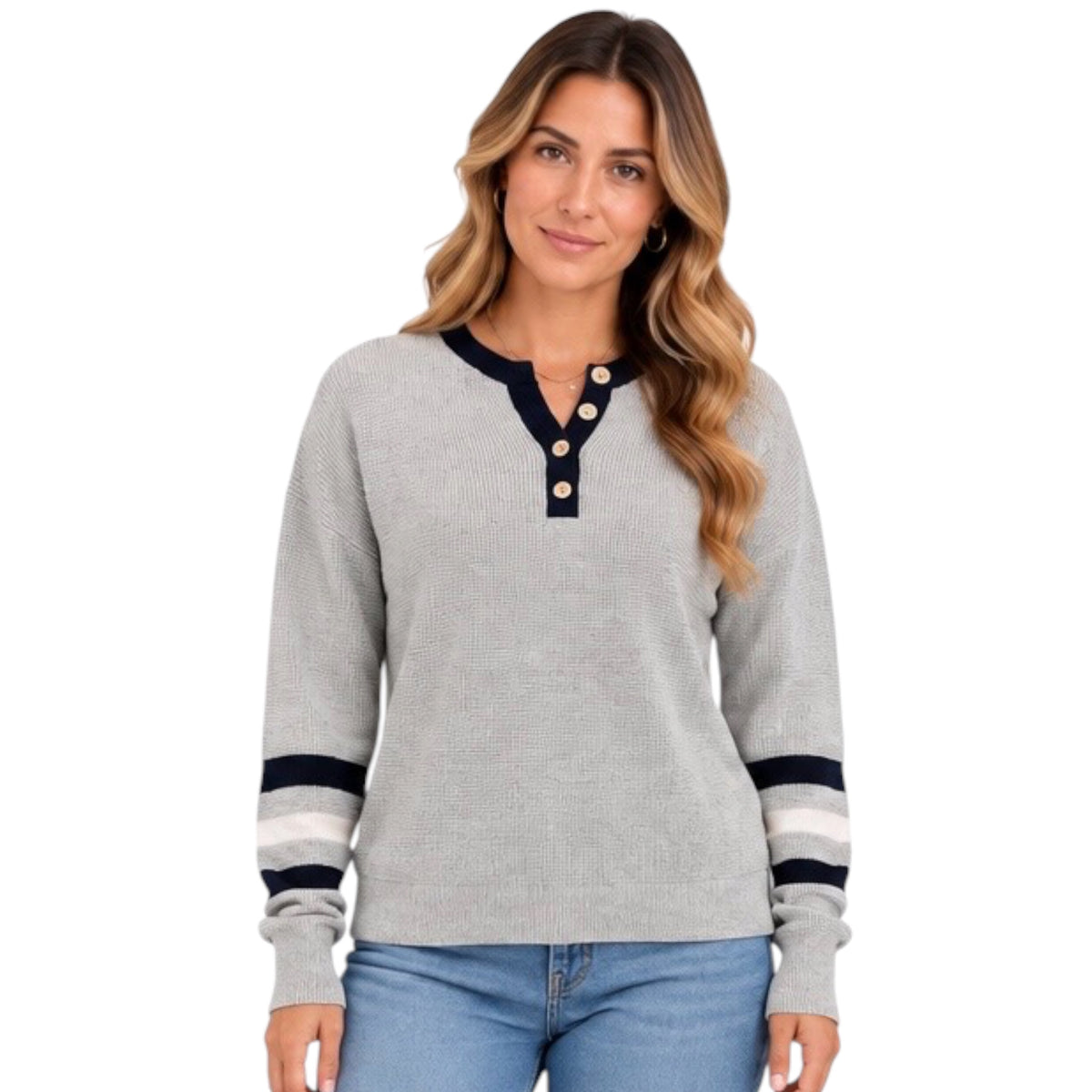 Navy Multi Toned Waffle Knit Henley Sweater