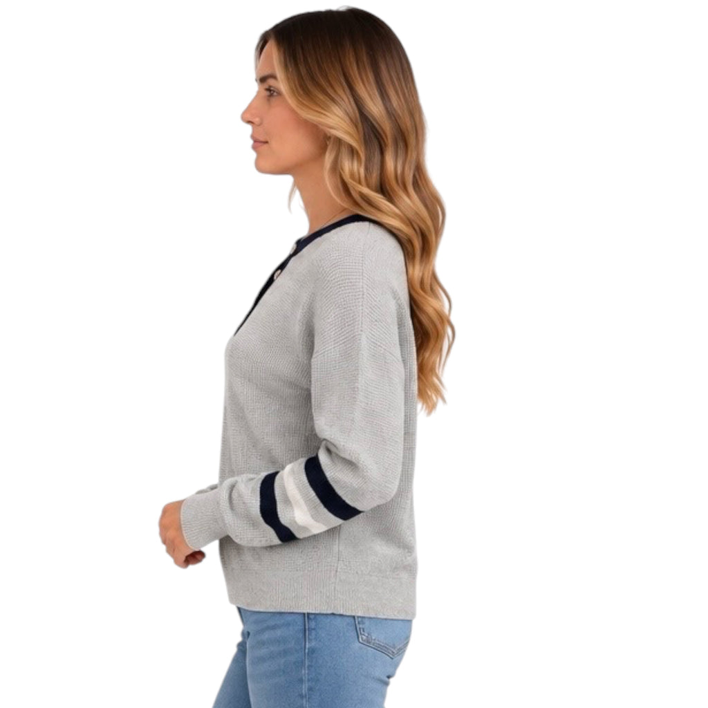 Navy Multi Toned Waffle Knit Henley Sweater