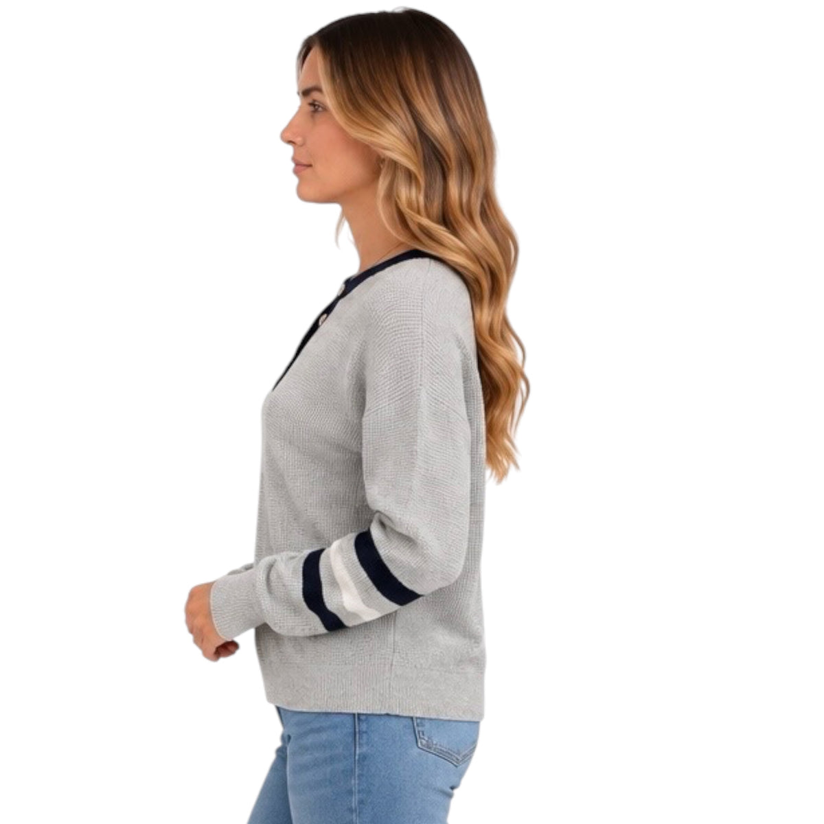 Navy Multi Toned Waffle Knit Henley Sweater